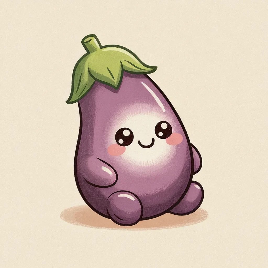 Cute cartoon eggplant with a smiling face and blushing cheeks on a simple background.