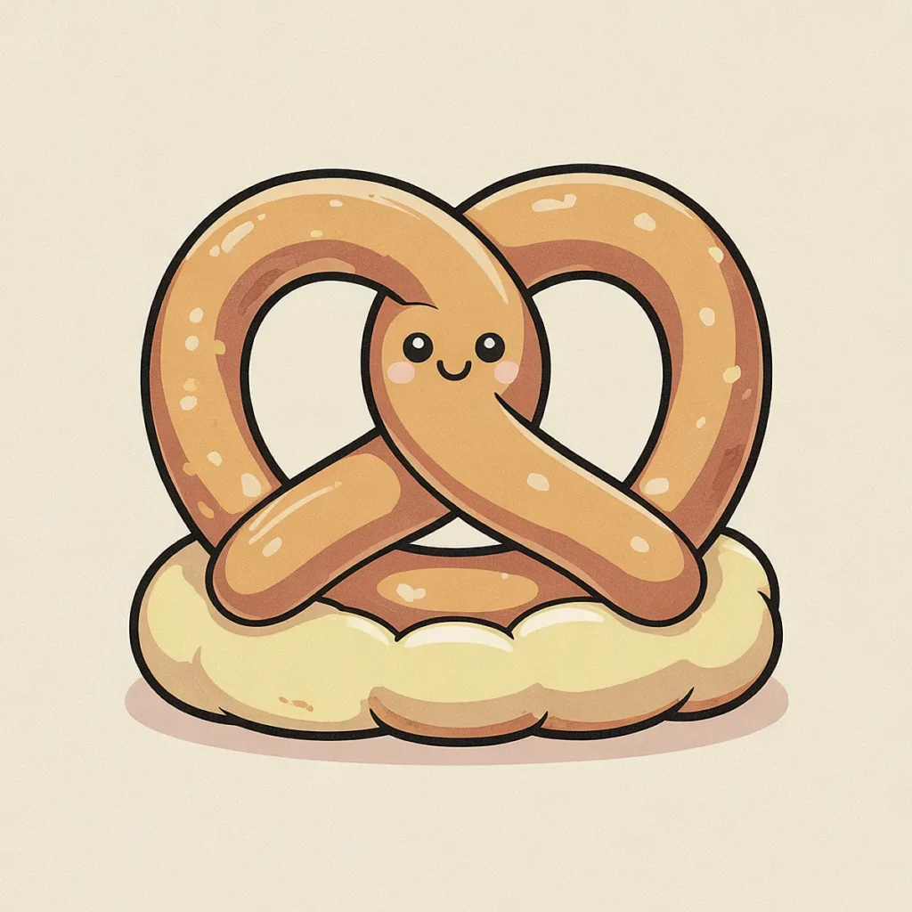 Cute cartoon pretzel with a smiling face on a soft background, showcasing delightful food illustration art.