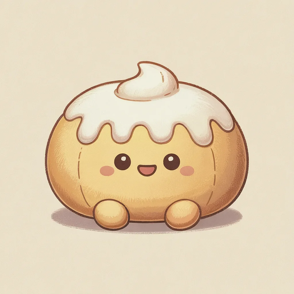 Cute cartoon bun with smiling face and cream topping, beige background.