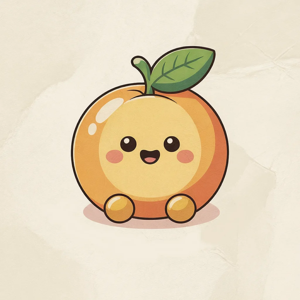 Cute kawaii peach character with a smiling face and leaf on top, on a textured light background.