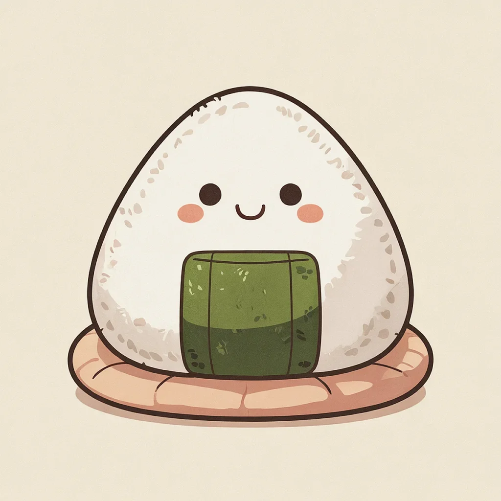 Cute kawaii onigiri with a smiling face and seaweed wrap, isolated on a soft beige background.