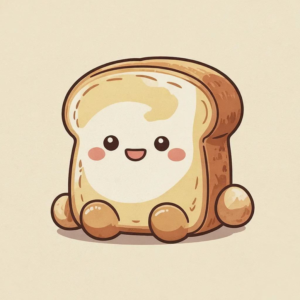 Cute kawaii bread slice character with a smiling face and rosy cheeks on a light background.