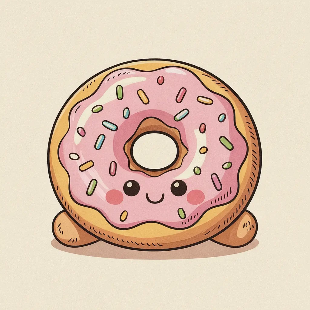 Cute cartoon donut with pink icing, colorful sprinkles, and a smiling face, adding a playful touch to a sweet treat.