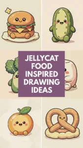 Food jellycat Drawing ideas. Cute kawaii food drawings: burger, pickle, orange, pretzel, and greens with text overlay Jellycat Food Inspired Ideas.