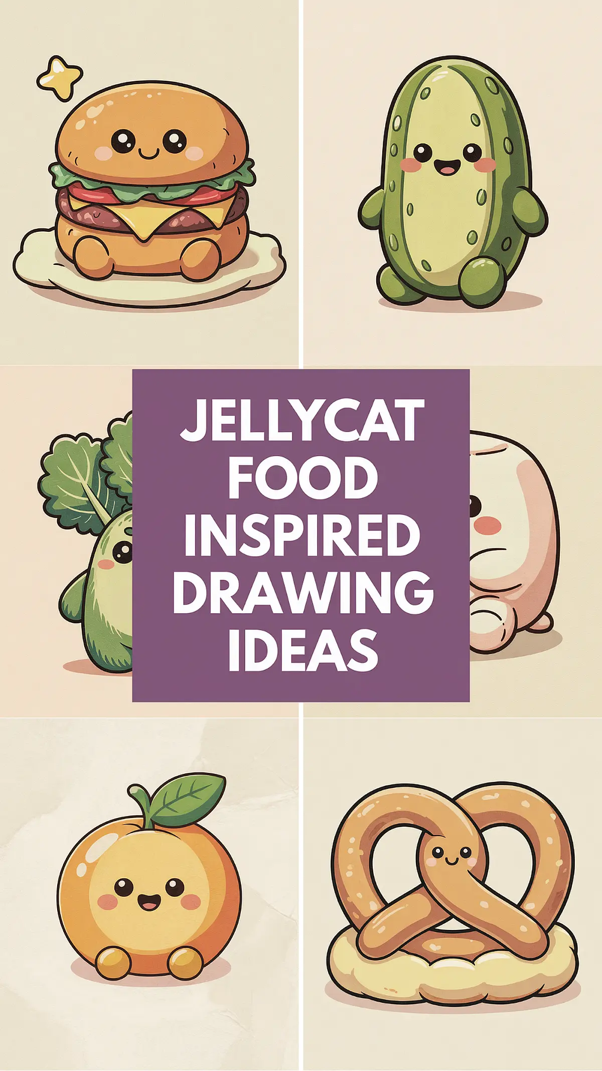 Food jellycat Drawing ideas. Cute kawaii food drawings: burger, pickle, orange, pretzel, and greens with text overlay Jellycat Food Inspired Ideas.
