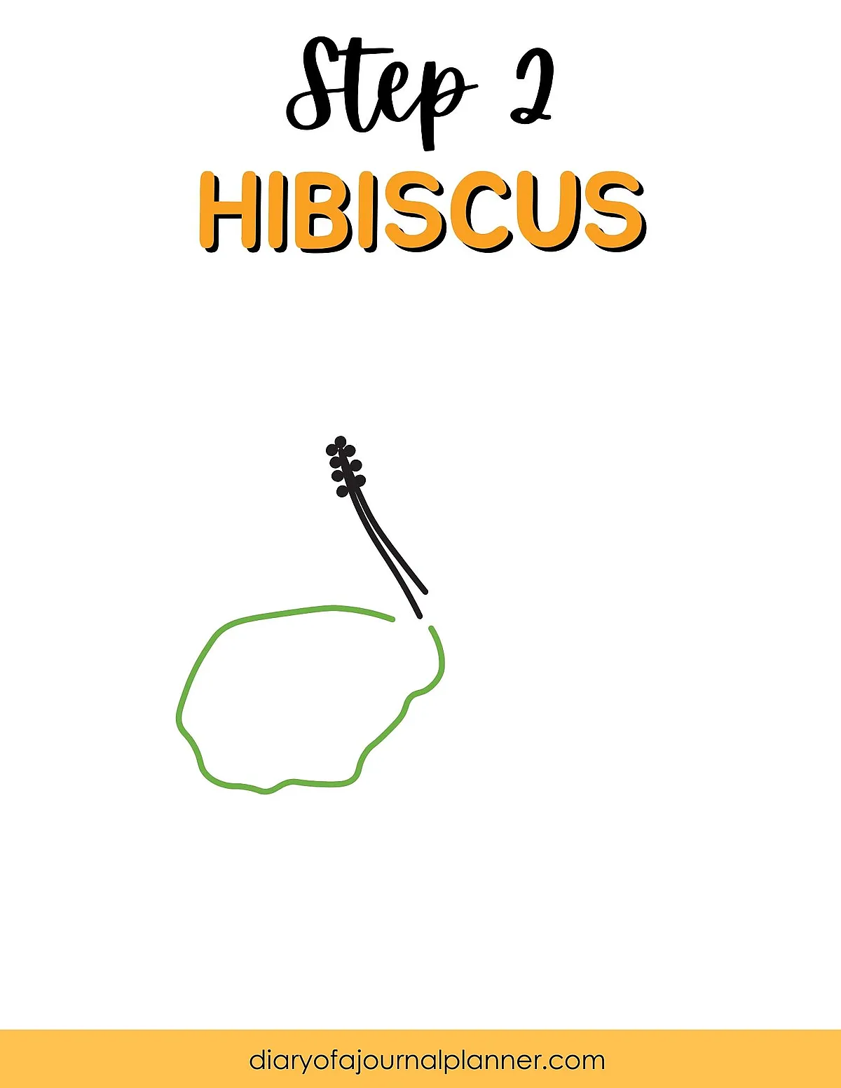 Step 2 of drawing a hibiscus flower with a green petal outline and black stamens.