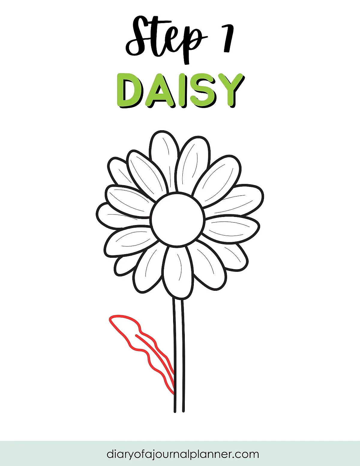 Line drawing of a daisy flower with step-by-step guide text, highlighting a leaf in red for easy drawing.