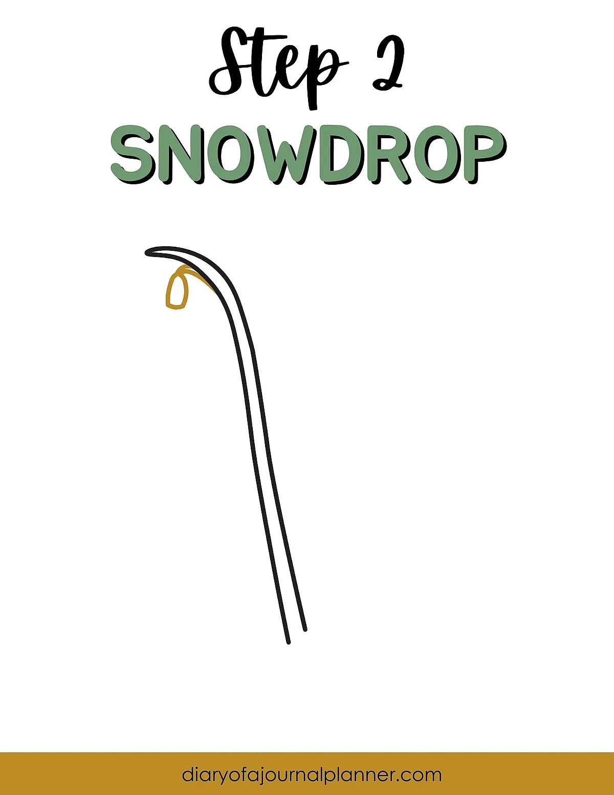 Step 2 of drawing a snowdrop flower with simple lines on a white background.