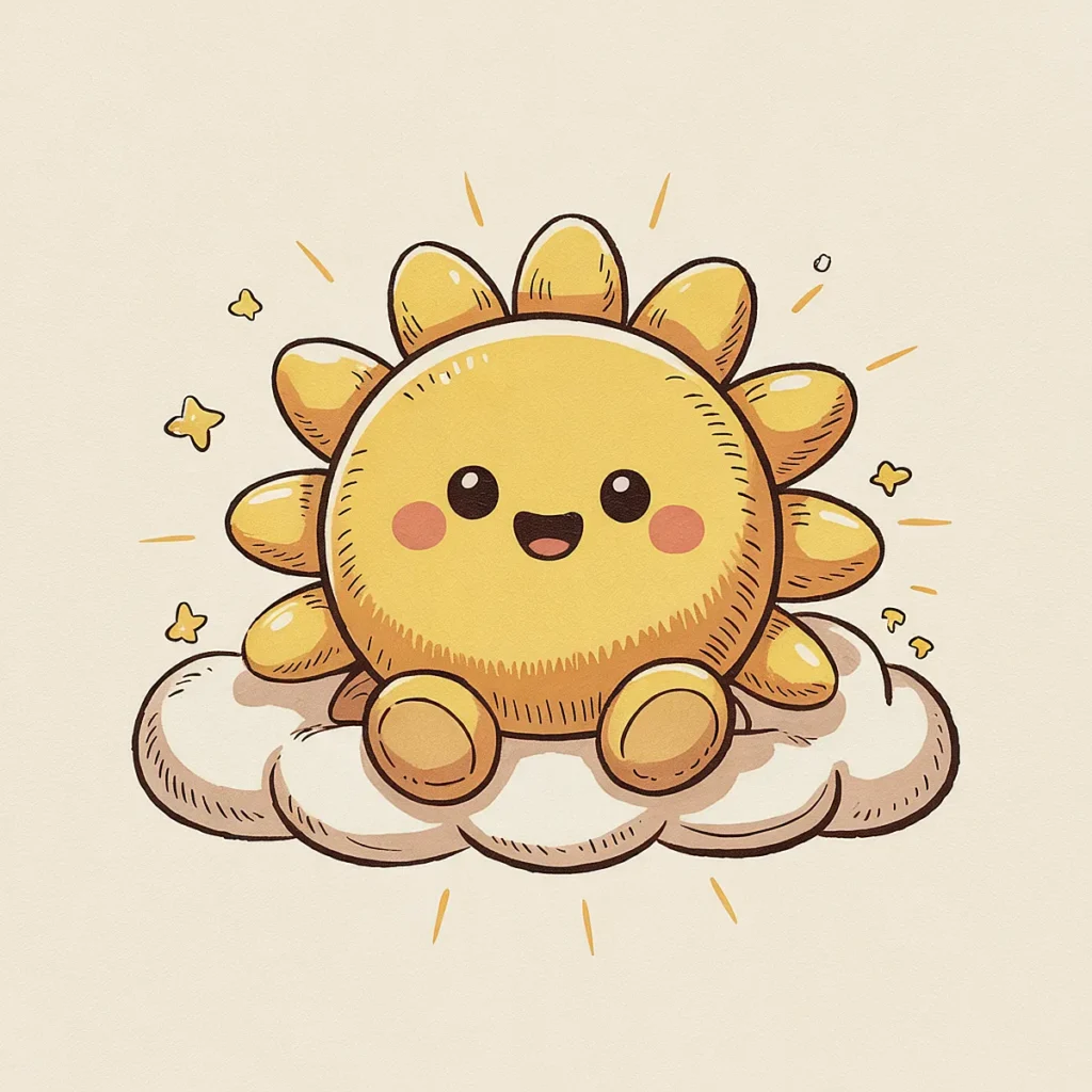 Cute cartoon sun with a smiling face sits on a fluffy cloud, surrounded by cheerful stars.