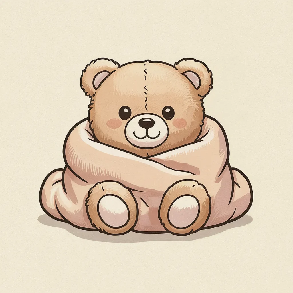Cute teddy bear wrapped in a cozy pink blanket, sitting on a neutral background.