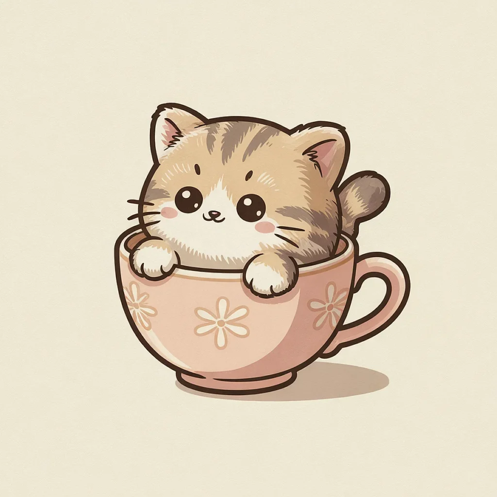 Cute illustrated kitten sitting in a floral teacup, with big eyes and a fluffy tail, looking playful and adorable.