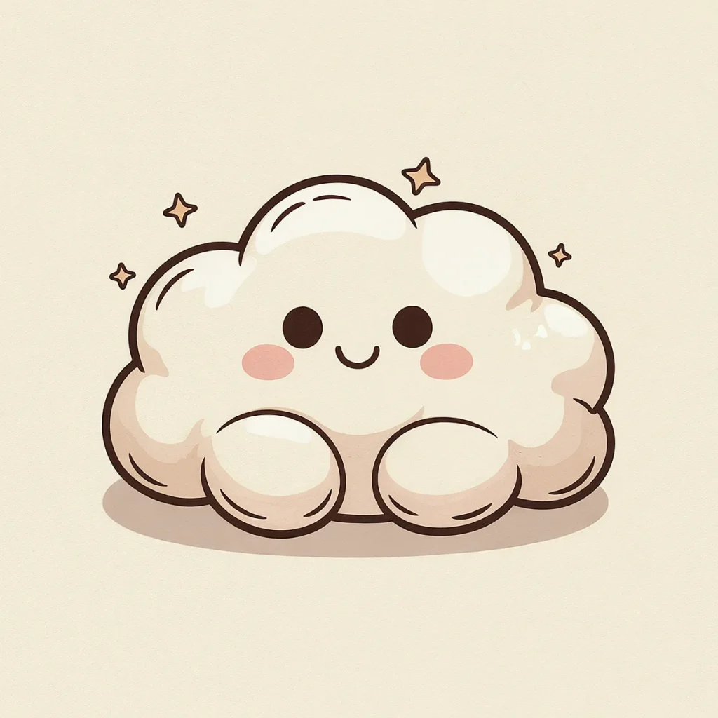 Cute smiling cloud cartoon with rosy cheeks and sparkles on a beige background. Perfect for a cheerful, whimsical design.