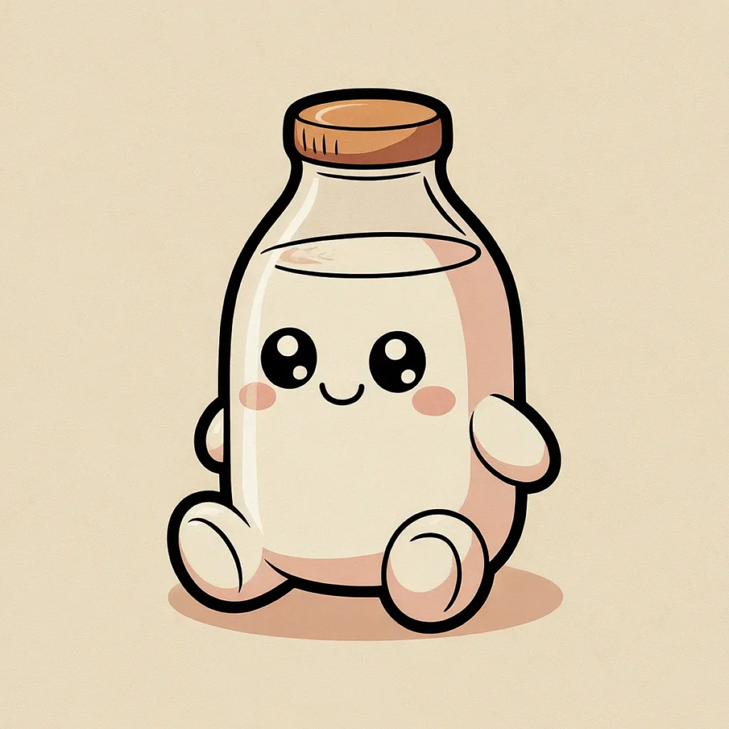 Cute kawaii milk bottle character with a smiling face and rosy cheeks, sitting on a beige background.
