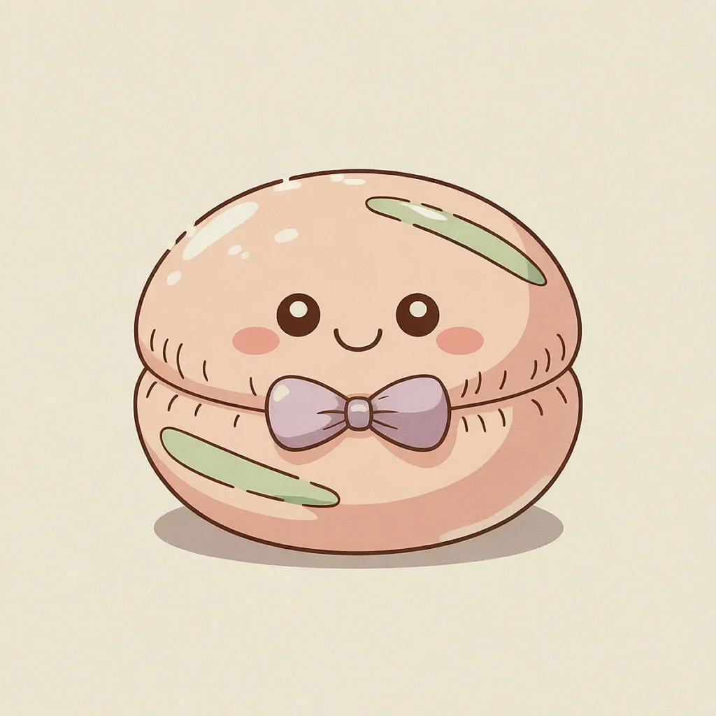 Cute kawaii macaron character with smiling face and bow tie on a light background. Sweet dessert illustration.