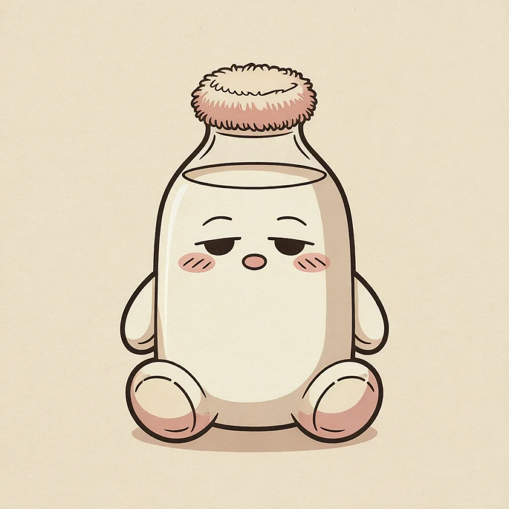 Cute cartoon milk bottle character with a sleepy expression and blushing cheeks on a beige background.