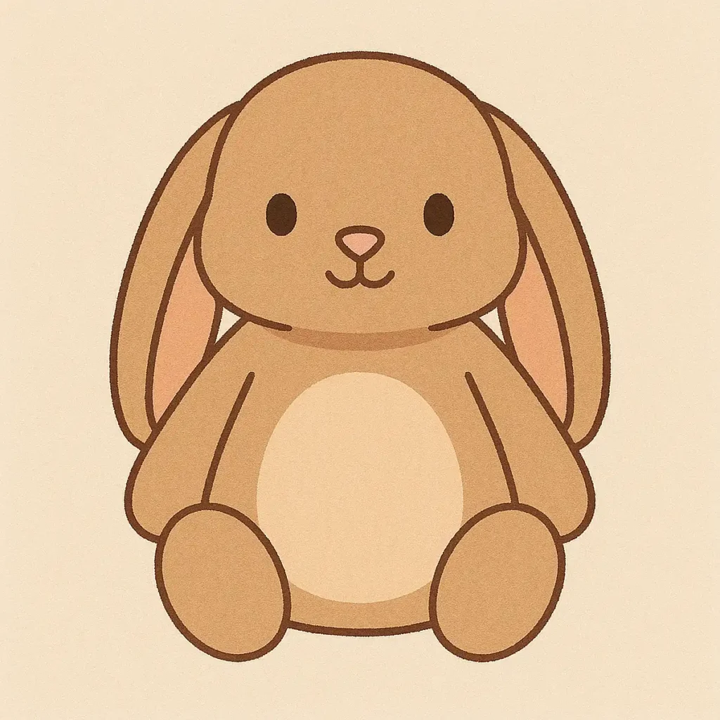 Cute cartoon brown bunny with long ears sitting on a neutral background. Perfect for kids' illustrations or decor.