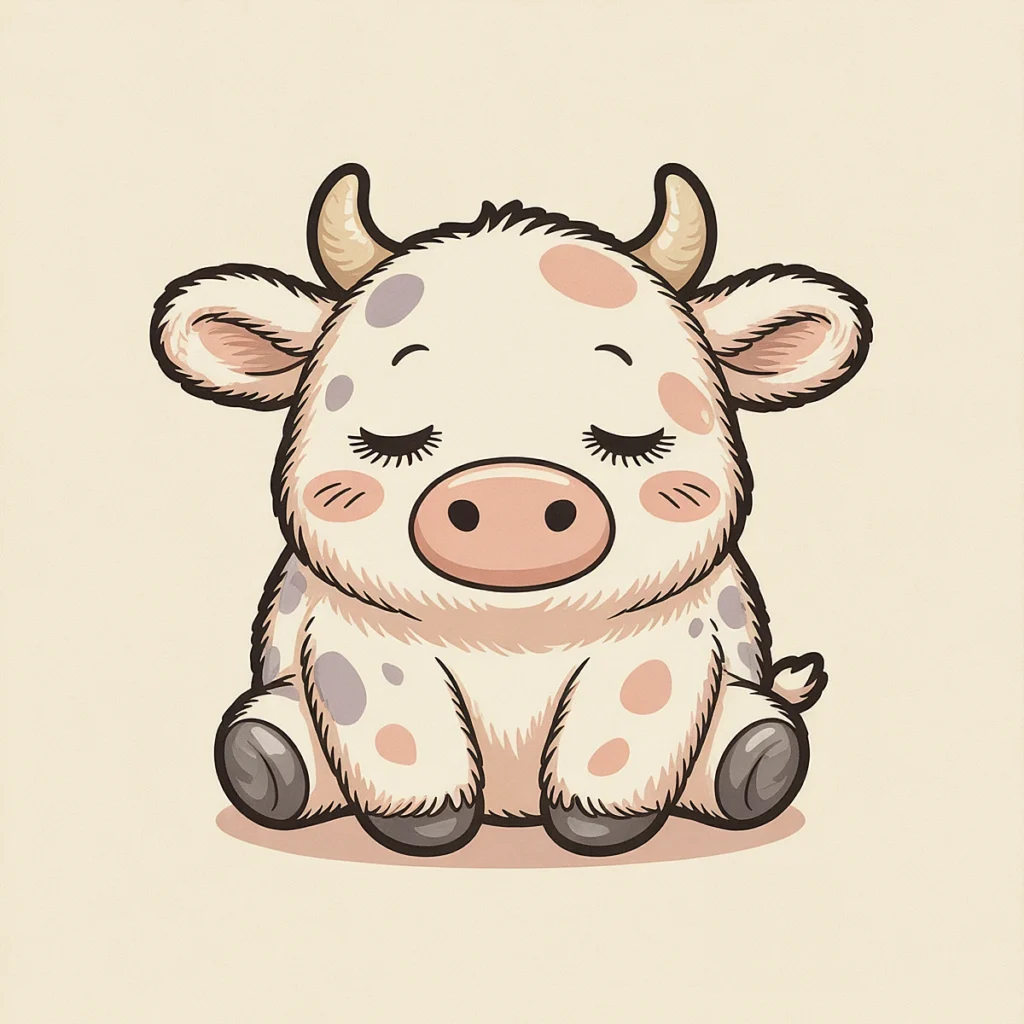 Cute cartoon cow with closed eyes, sitting peacefully. Kawaii style illustration with pastel colors and soft features.
