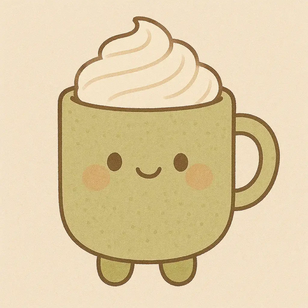 Cute cartoon coffee mug character with smiling face and whipped cream topping.