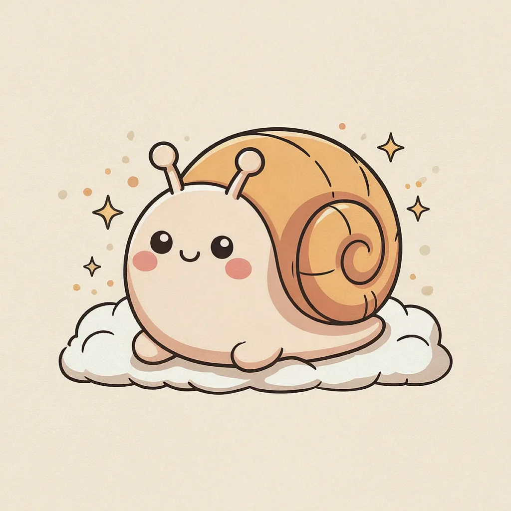 Cute cartoon snail with a smiling face on a fluffy cloud, surrounded by sparkles, on a light background.