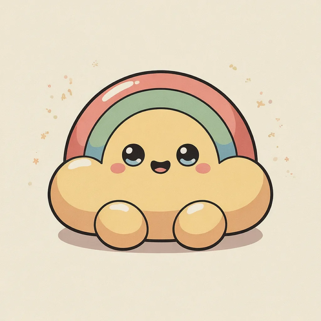 Cute cartoon cloud with a rainbow on its back, smiling happily with sparkling eyes and rosy cheeks.