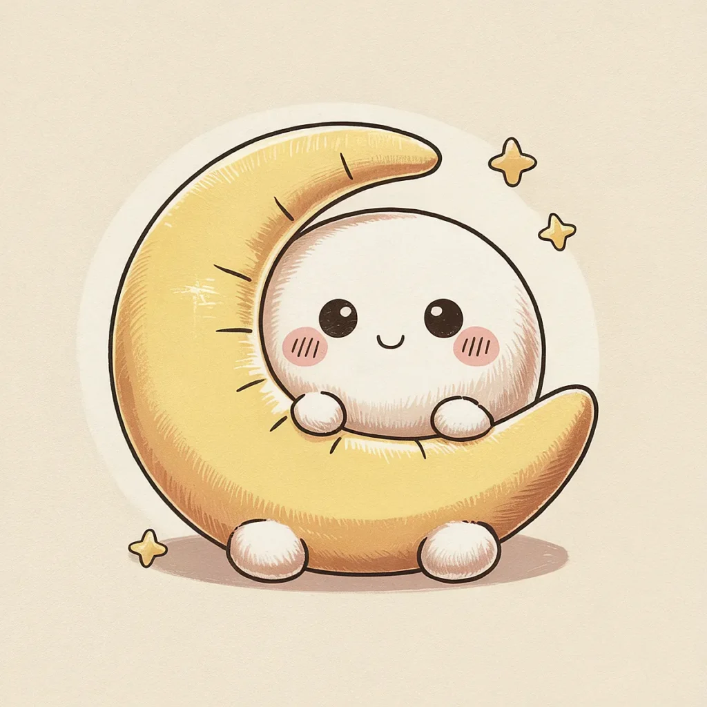 Cute cartoon moon and star character with big eyes, rosy cheeks, and a cozy yellow crescent moon.