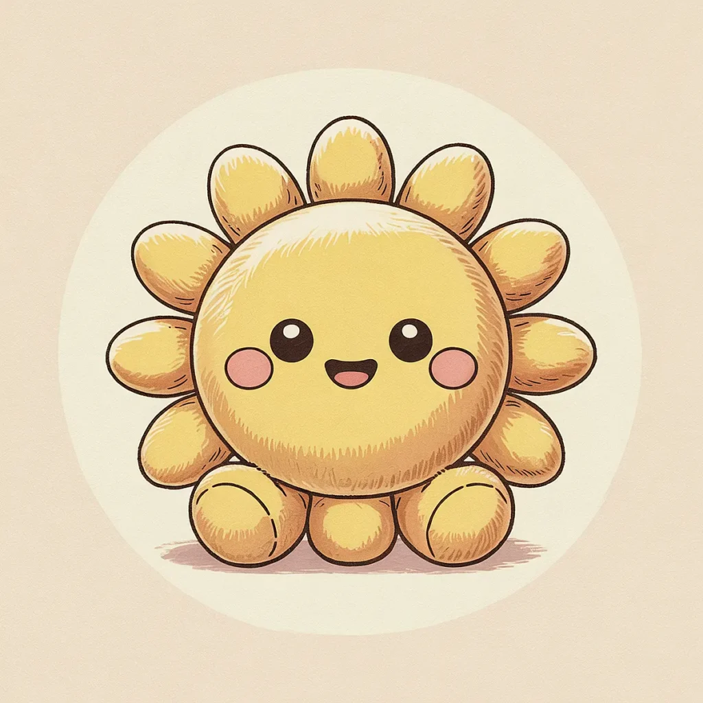 Cute kawaii sun illustration with a smiling face and rosy cheeks, surrounded by soft yellow rays.
