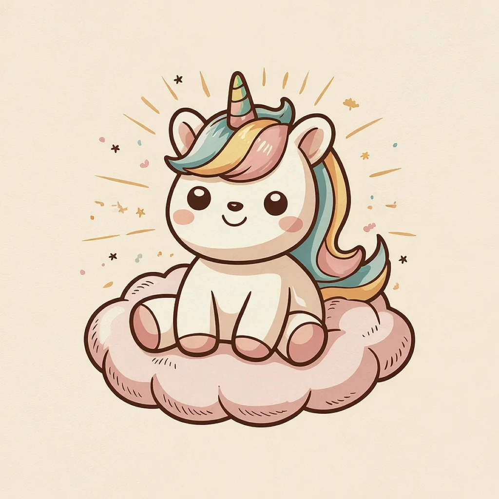 Cute cartoon unicorn with rainbow mane sitting on a fluffy cloud, surrounded by stars and sparkles.
