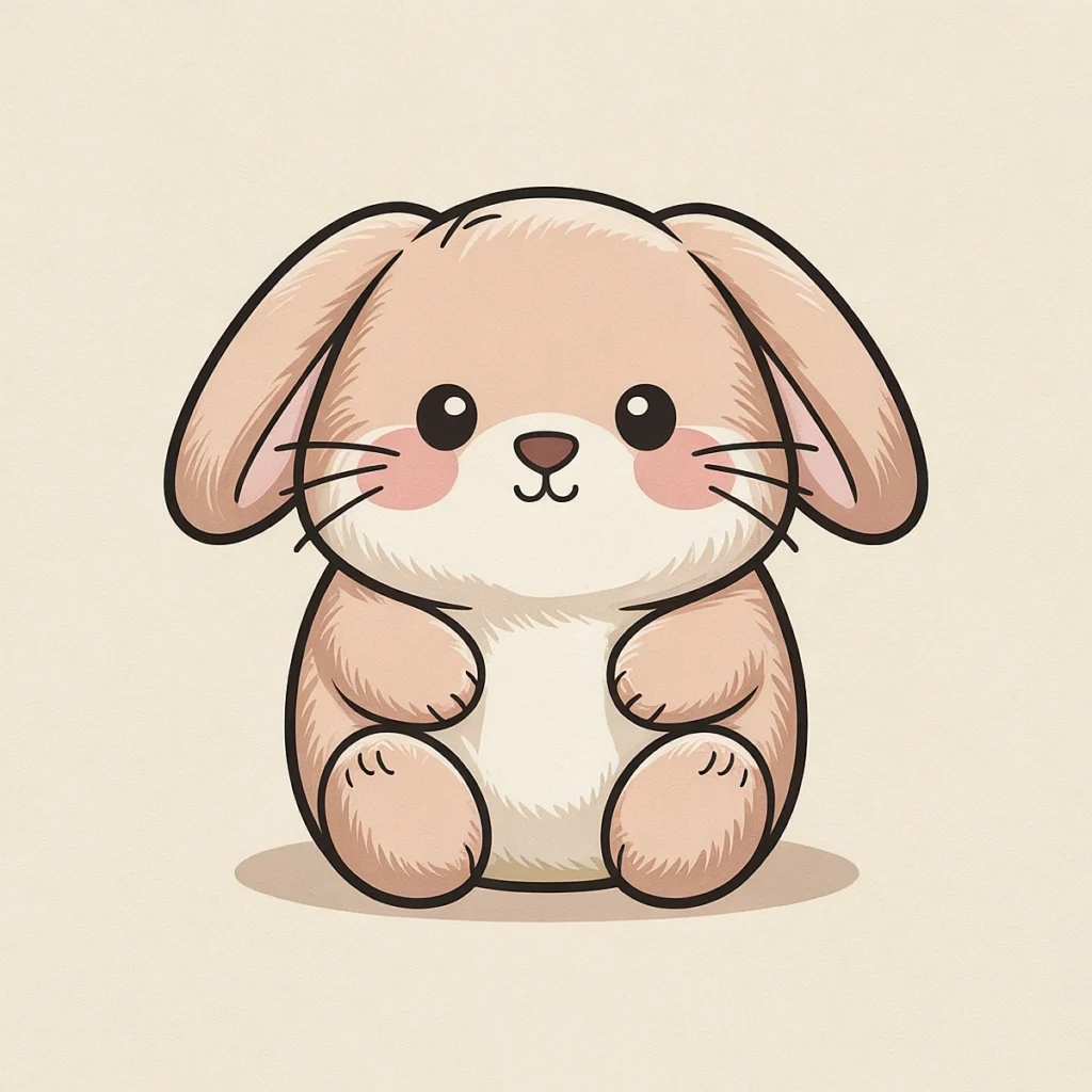 Cute cartoon bunny illustration with blushing cheeks, sitting on a light beige background.