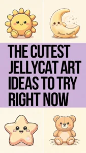 Cute Jellycat art ideas featuring adorable sun, moon, star, and bear designs with playful faces.