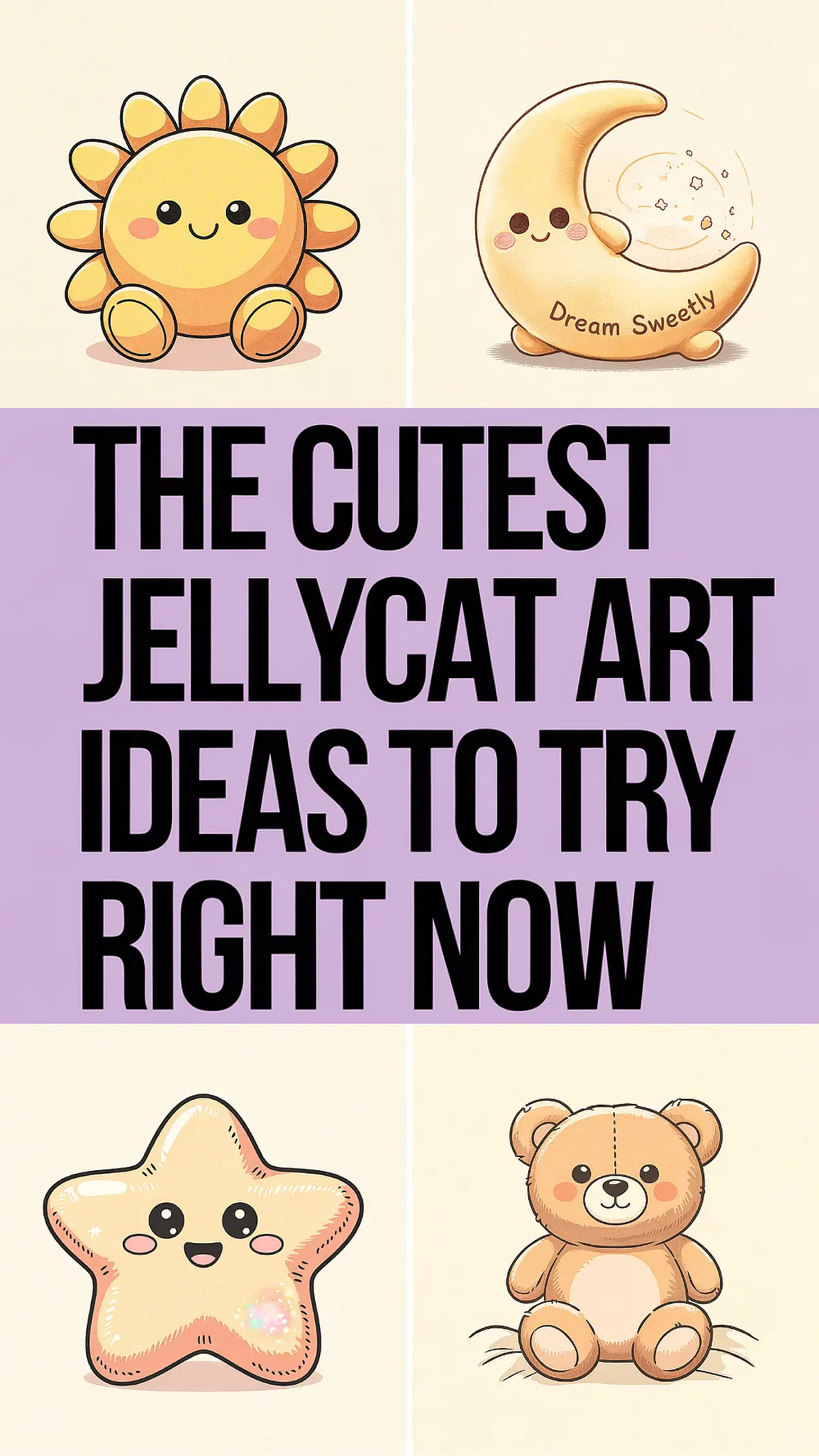 Cute Jellycat art ideas featuring adorable sun, moon, star, and bear designs with playful faces.