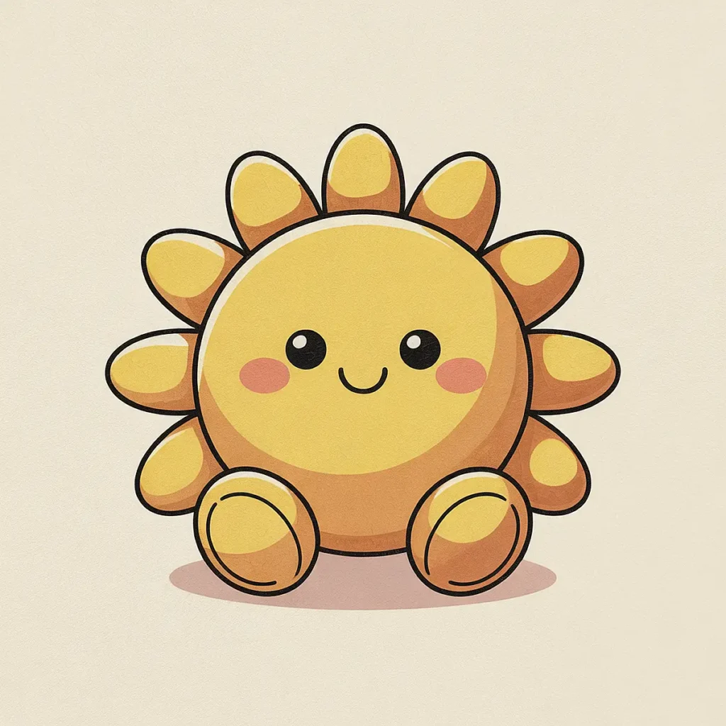 Cute cartoon sun with a smiling face and rosy cheeks, surrounded by sun rays, on a light background.