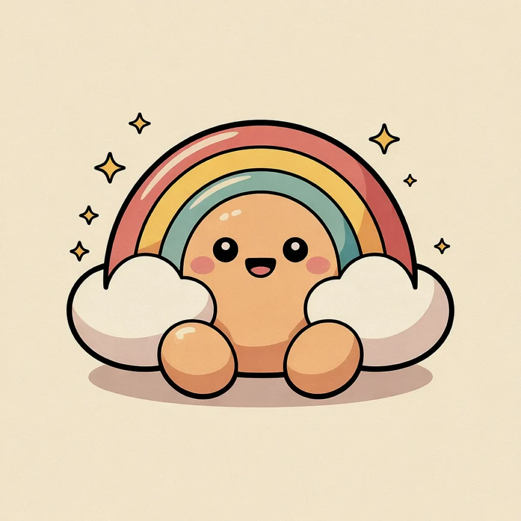 Cute cartoon character with rainbow, clouds, and stars, smiling happily in pastel colors.