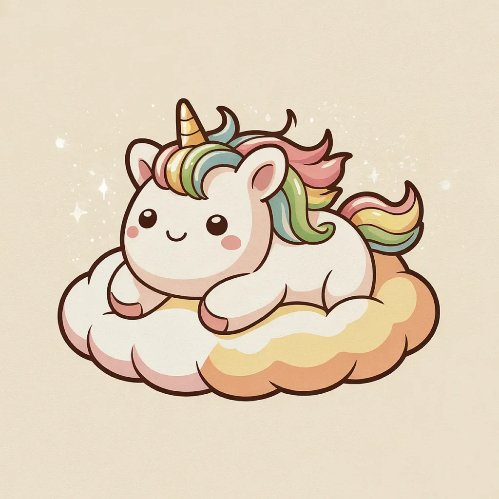 Cute cartoon unicorn with rainbow mane lying on a fluffy cloud, surrounded by sparkles.