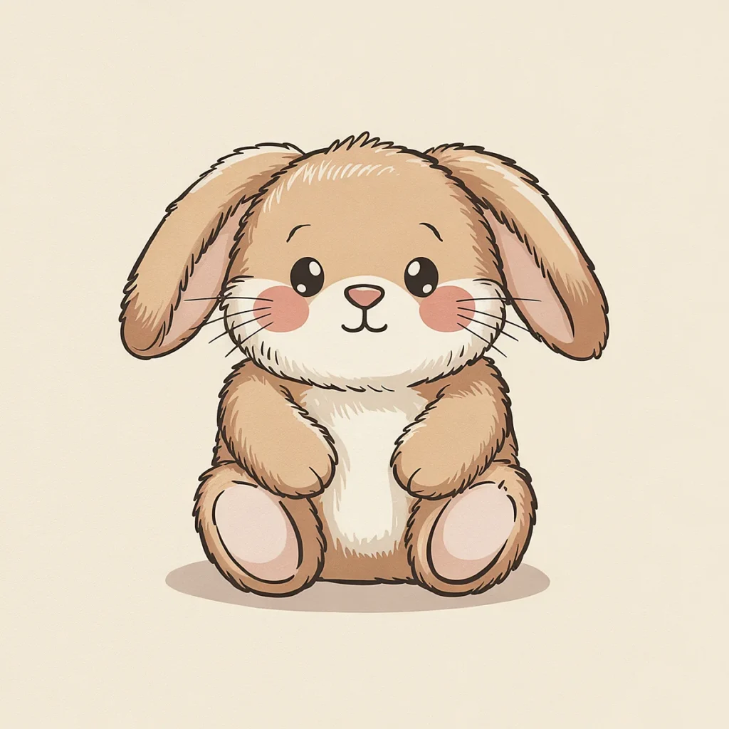 Cute cartoon bunny with floppy ears and rosy cheeks sitting on a light background.