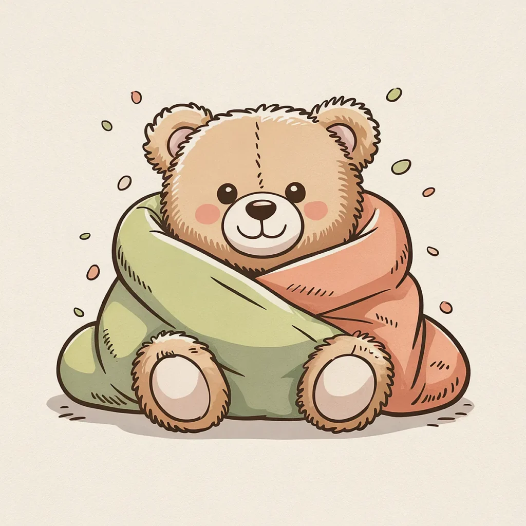 Cute teddy bear wrapped snugly in green and red blankets, surrounded by colorful confetti on a light background.