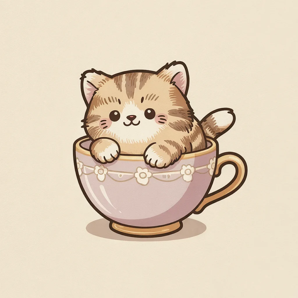 Cute cartoon kitten inside a floral teacup, surrounded by a beige background. Perfect for kawaii and cat lovers!