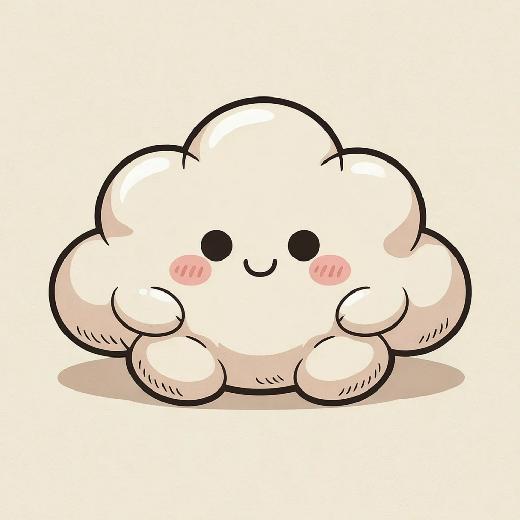 Cute kawaii-style cloud illustration with a happy face and rosy cheeks on a beige background.