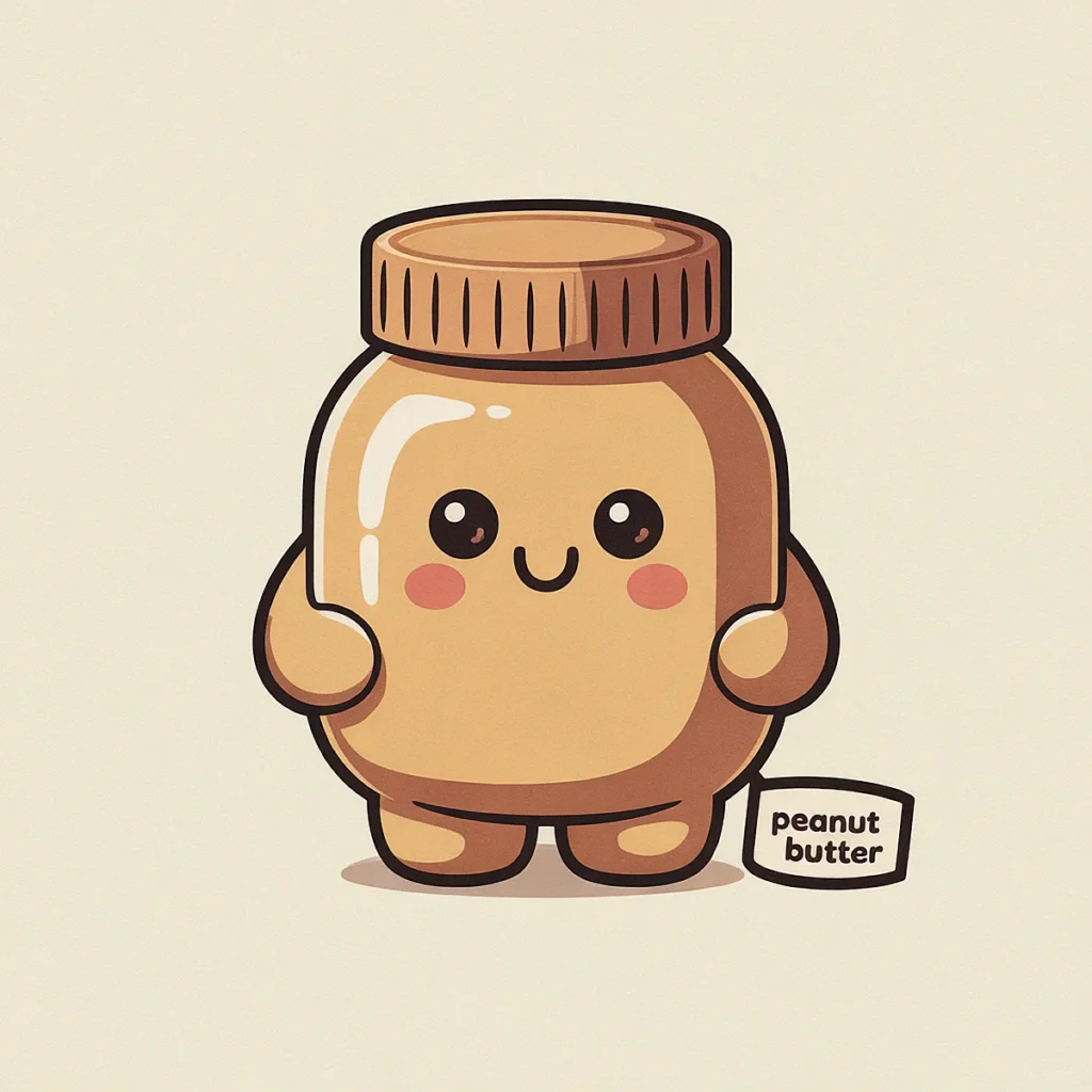 Adorable cartoon peanut butter jar with a smiling face and label. Cute illustration with a kawaii style.