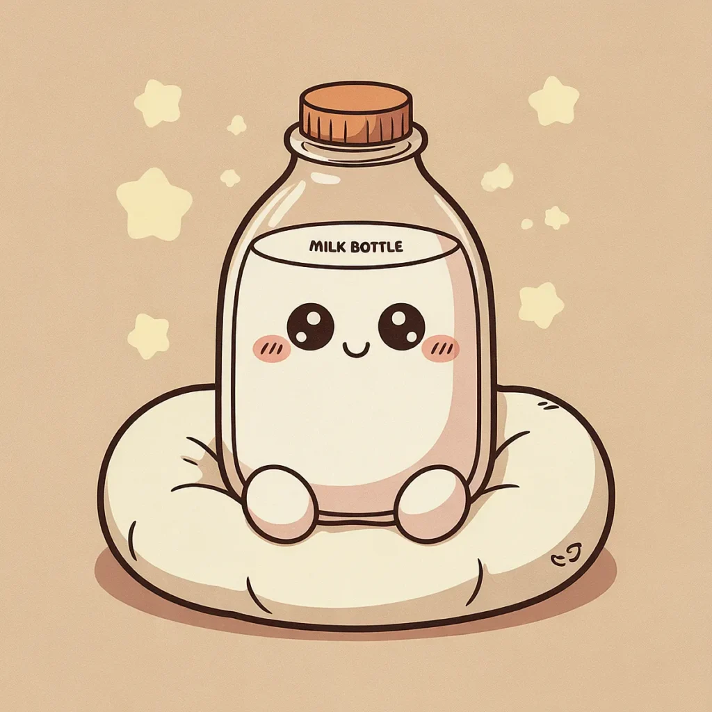 Cute cartoon milk bottle with a smiling face, sitting on a pillow with stars around. Kawaii style illustration.
