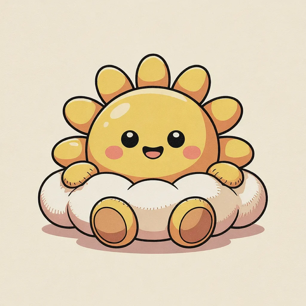 Cute cartoon sun character sitting on a fluffy cloud, smiling with a cheerful expression, set against a plain background.