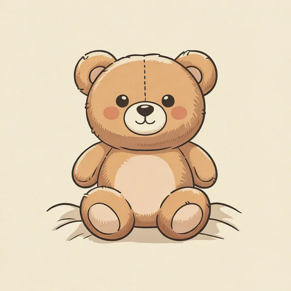 Cute brown teddy bear illustration with rosy cheeks, sitting on a light background. Perfect for children’s themes.
