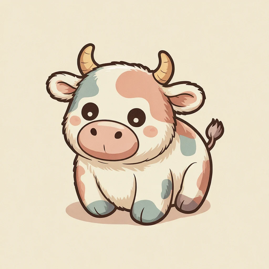 Cute cartoon cow with pastel colors, sitting with a gentle expression and small horns, perfect for children's illustrations.