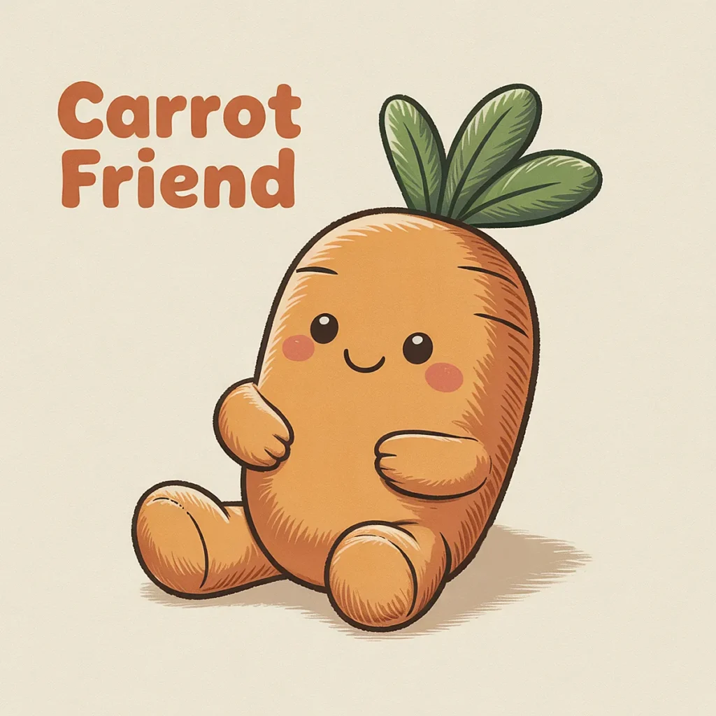 Cute cartoon carrot with a smiling face and green leaves, labeled Carrot Friend. Perfect for kids' content.