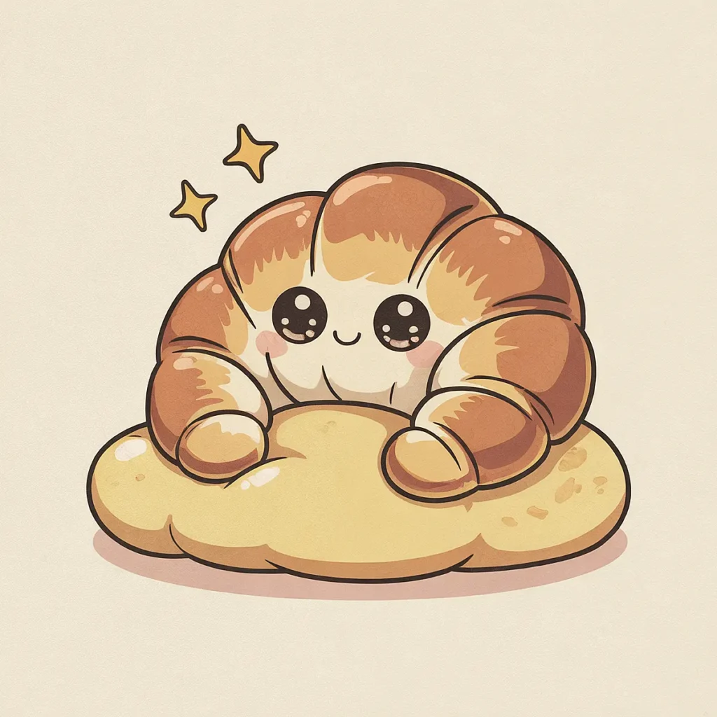 Cute kawaii croissant character with a happy face on a fluffy cloud, surrounded by stars, cartoon style.