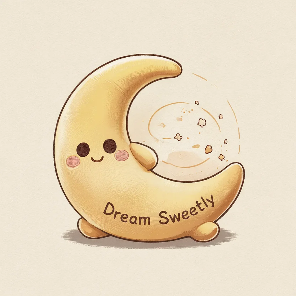 Cute crescent moon with a smiling face and Dream Sweetly text, surrounded by a dreamy bubble.