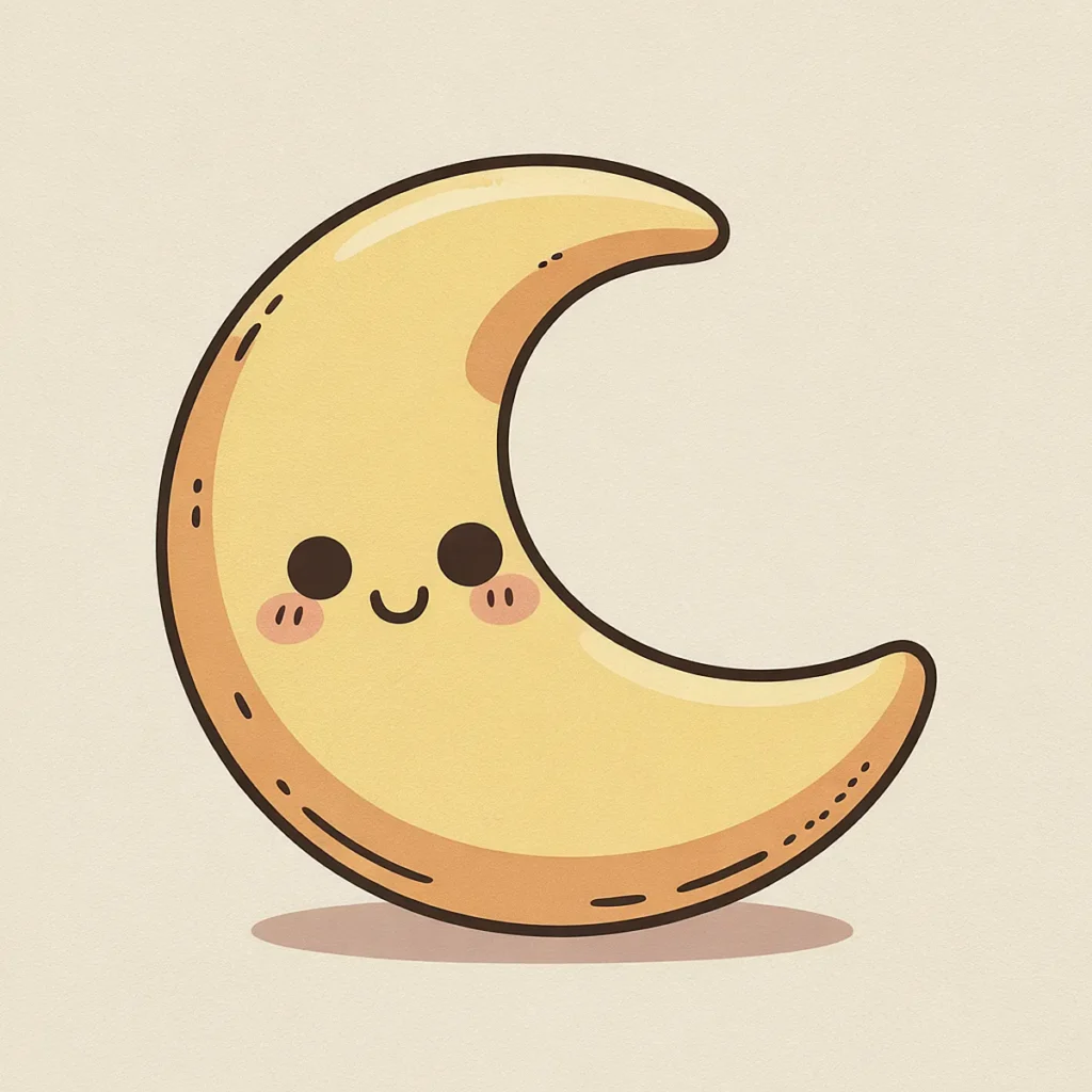 Cute cartoon moon with a smiling face and rosy cheeks, set against a light background.