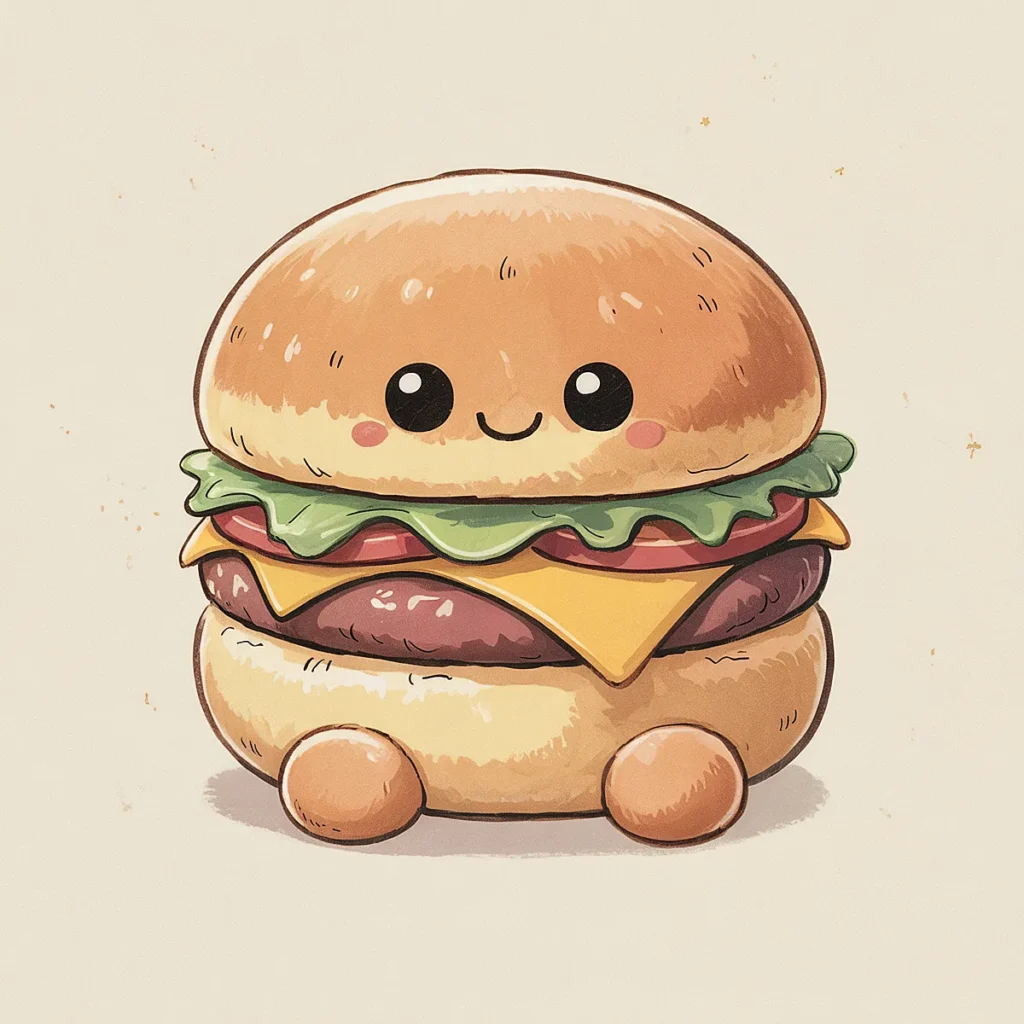 Cute kawaii burger illustration with a smiling face, cheese, and lettuce on a bun, perfect for food lovers.