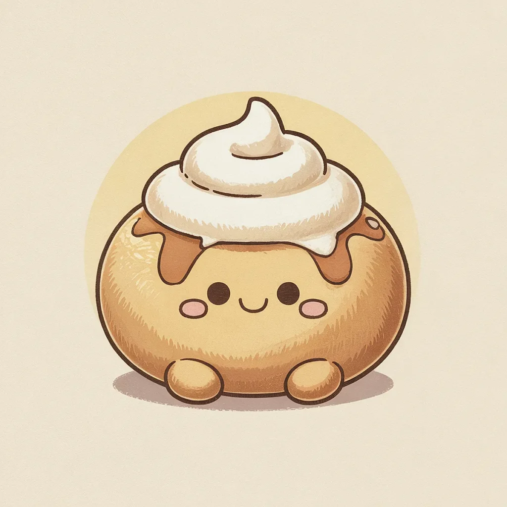 Cute cartoon cinnamon roll character with smiling face and whipped cream topping.