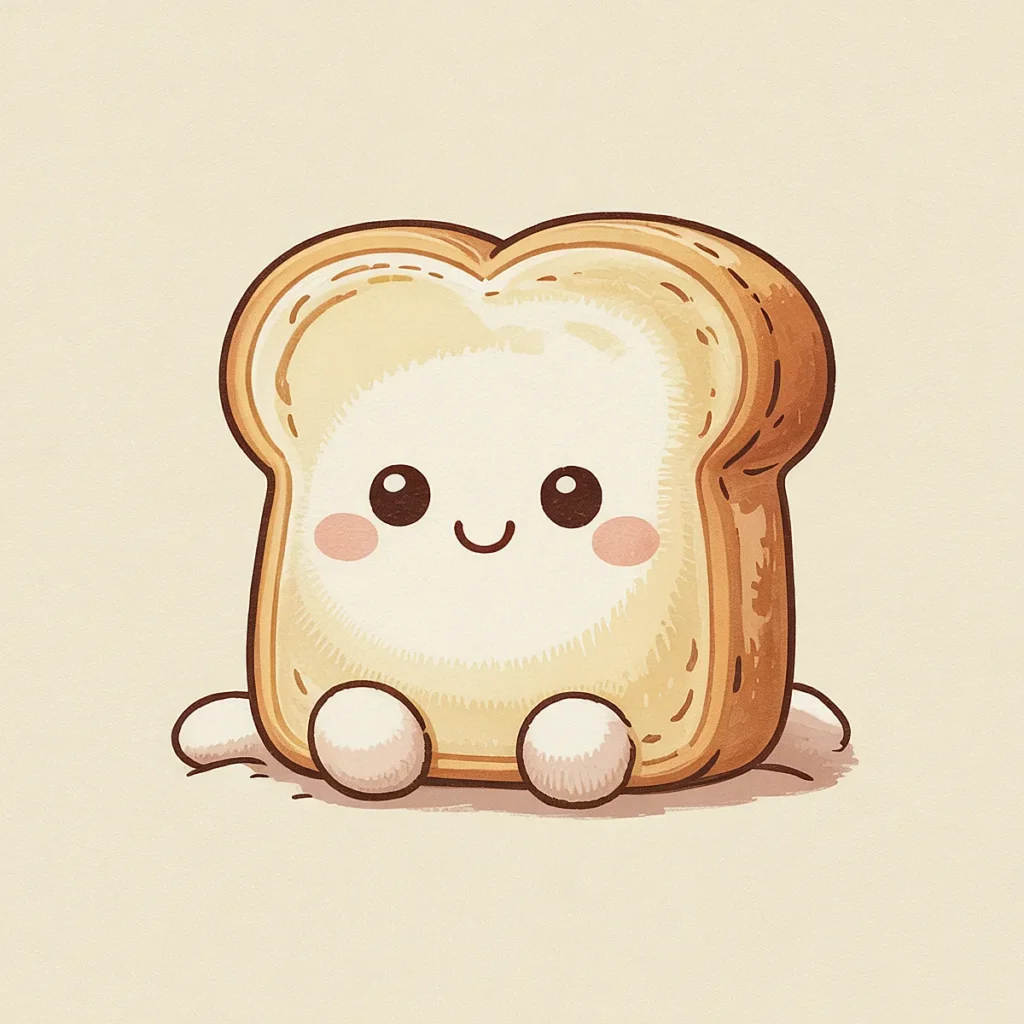 Cute kawaii bread slice with a smiling face and blush, sitting on a light beige background.