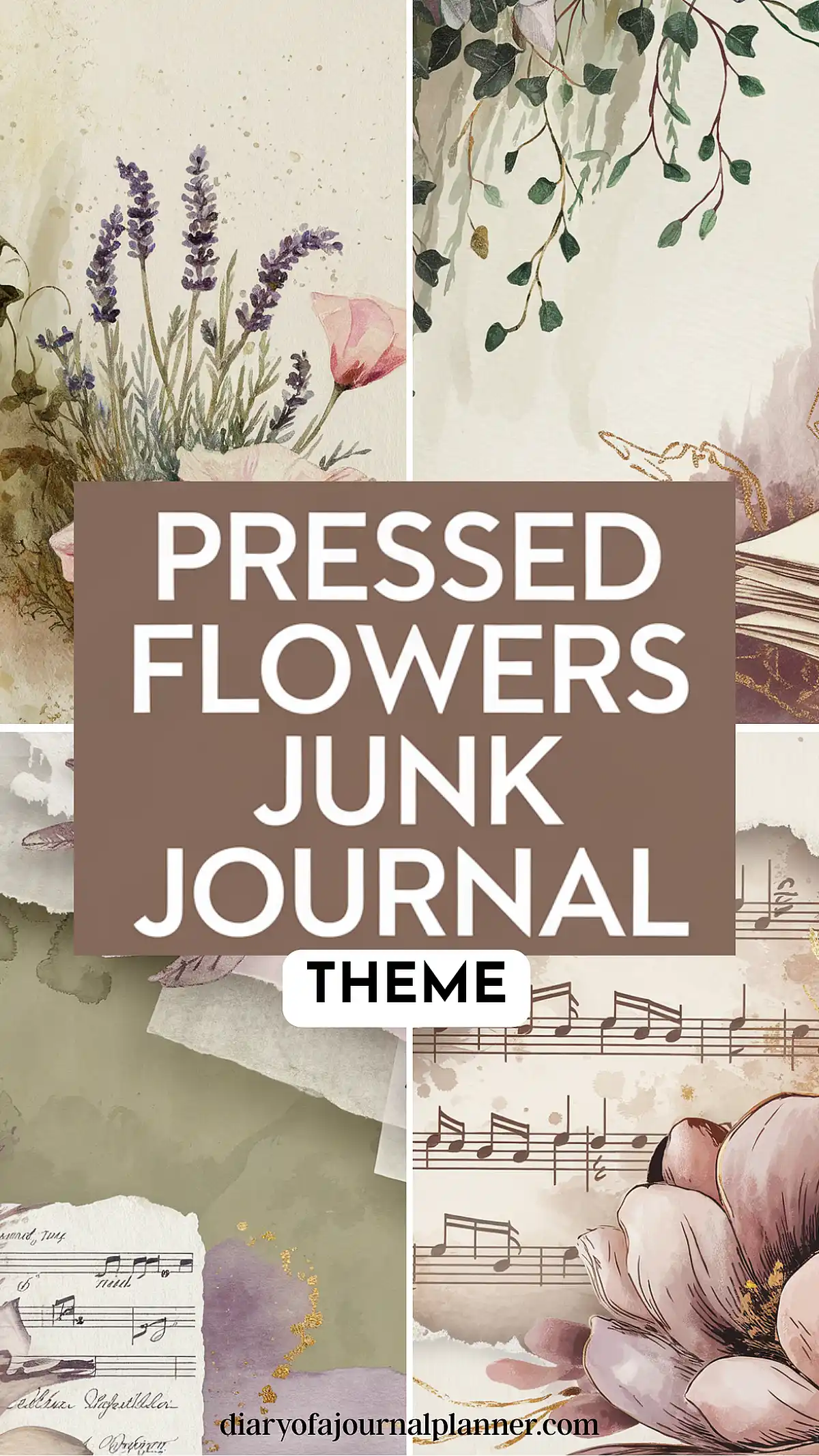 Pressed flowers junk journal theme with music notes and botanical illustrations for creative journaling ideas.